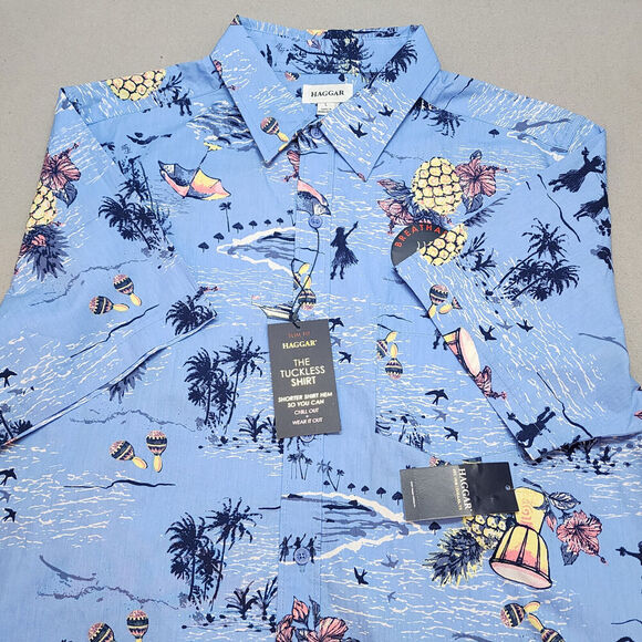 Haggar Short Sleeve Button Up Tuckless Slim Fit Beach Theme Shirt Men's L - NWT - Picture 3 of 6